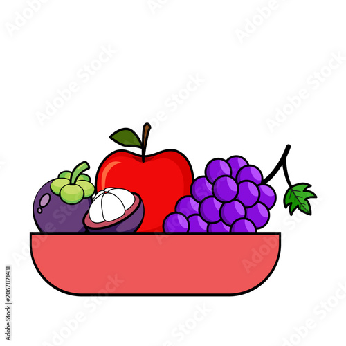 Red bowl filled with a red apple, purple grapes, and mangosteen fruits.