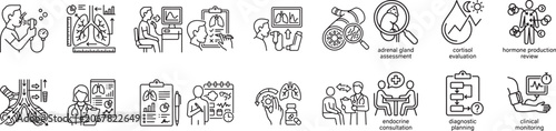 Oncology medical care planning icon set. cancer treatment, diagnosis, and monitoring process with thin line vector symbols