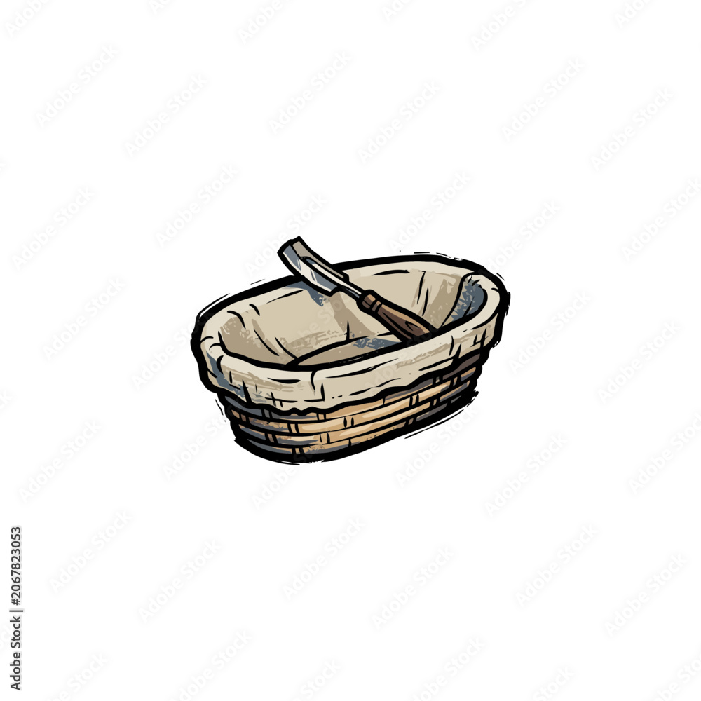 Obraz premium Oval Banneton Proofing Basket With Cloth Liner And A Curved Lame Scoring Blade Placed On Top, Suited For Bakery Packaging, Artisan Bread Illustrations, Cookbook Layouts Vector Illustration