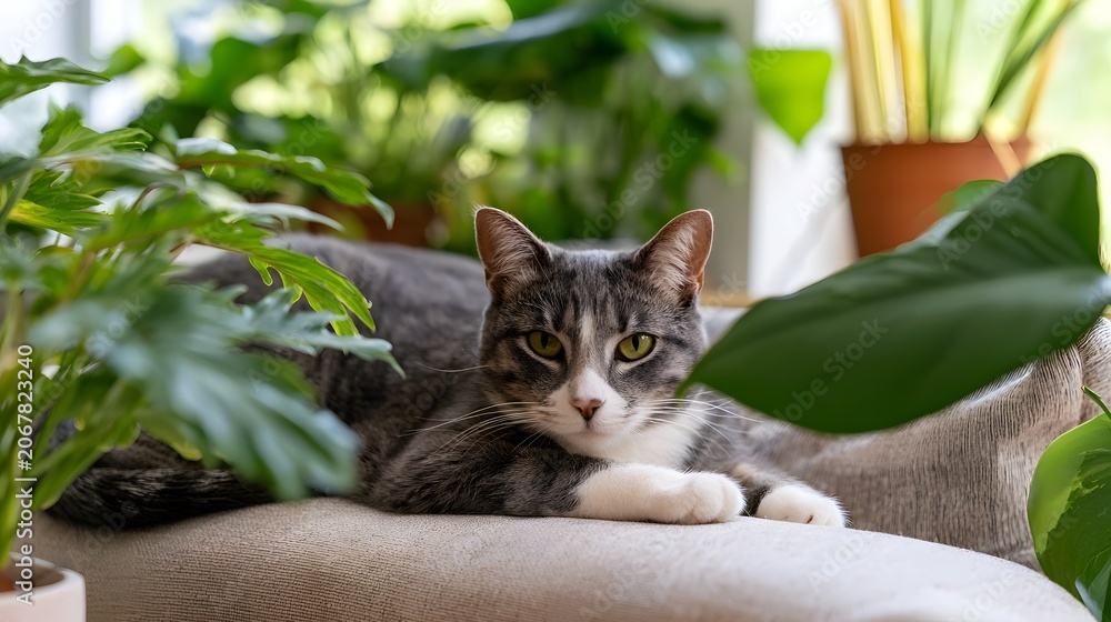 Fototapeta premium A mischievous cat is playfully lounging on a sofa surrounded by lush plants in a cozy indoor setting