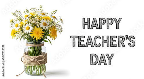 Yellow and white daisies in a jar with happy teachers day text