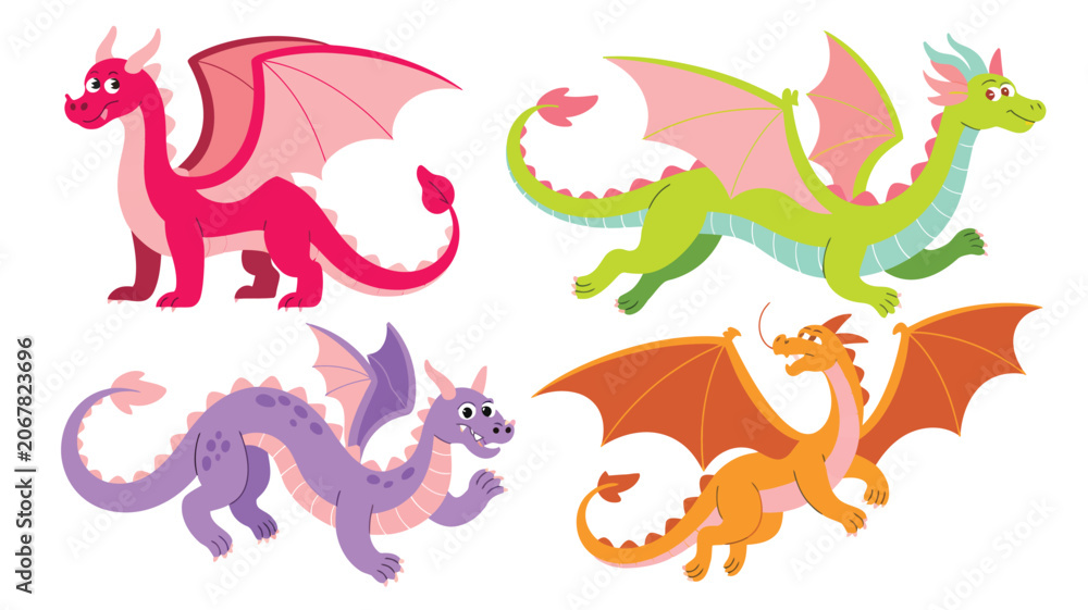 Fototapeta premium Four colorful mythical dragons displayed with different poses and wings