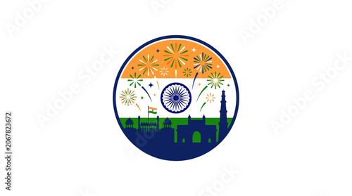 Circular emblem featuring the Indian flag with fireworks and iconic national monuments.