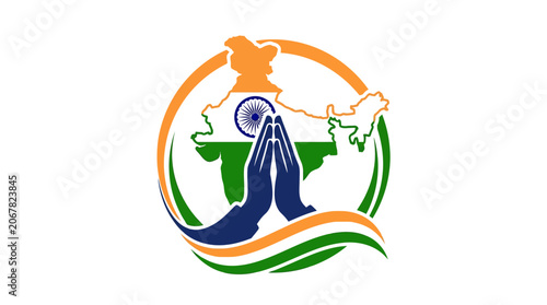 Indian national emblem logo featuring a map of India with hands in a namaste gesture.