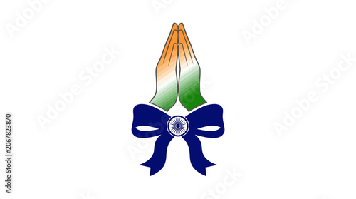 Indian tricolor hands in a prayer gesture with a blue ribbon and Ashoka Chakra.
