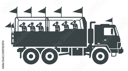 A silhouette illustration of a military truck carrying soldiers saluting with flags.