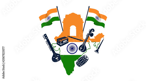 Indian map illustration featuring traditional musical instruments and national flags.