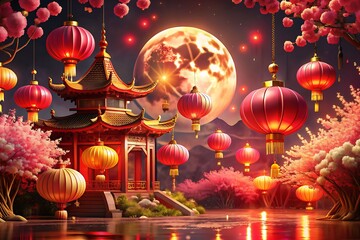 Red Chinese New Year lantern decoration with festive holiday lights and gold ornaments