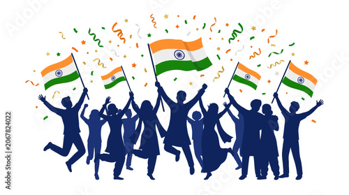 Silhouettes of a diverse group of people celebrating with Indian flags.