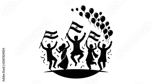 Silhouettes of happy people celebrating Indian Independence Day with flags and balloons.