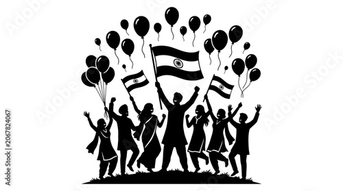 A group of people celebrating with Indian flags and balloons.