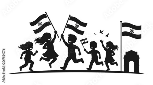 Silhouette illustration of happy children celebrating Indian Independence Day with flags.