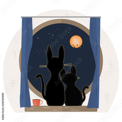 Two black cats sitting on windowsill and watching full moon through round window. Pair of cute black cats looking outside circular wooden window. Home interior with cozy evening. Vector illustration