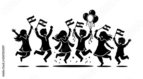 Silhouettes of happy children jumping and celebrating with flags and balloons.