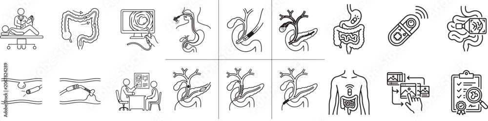 Obraz premium Comprehensive collection of thin line icons depicting various gastrointestinal medical procedures diagnostic tests and clinical examination workflows