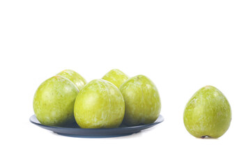 Fresh Green Plums on Plate Studio Photography White Background