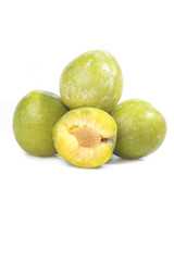 Fresh Green Plums Still Life Studio Photography on White Background