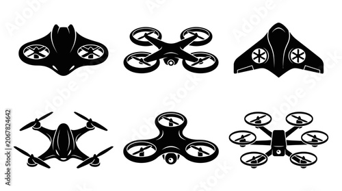 Obraz na plátně Drone Icons Set: Quadcopter, Hexacopter, Futuristic Flying Machines