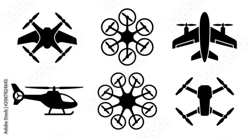 Photography Drone and Aircraft Icons: Quadcopter, Hexacopter, Helicopter, Airplane