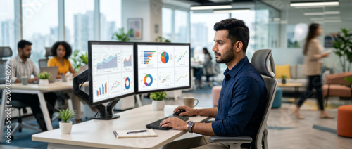 Indian Data Analyst Reviewing Business Performance Dashboard On Multiple Monitors In Modern Office generative ai