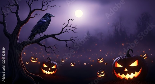 Spooky halloween night scene with a black raven perched on a gnarled tree branch overlooking a field of glowing jackolanterns under a full moon