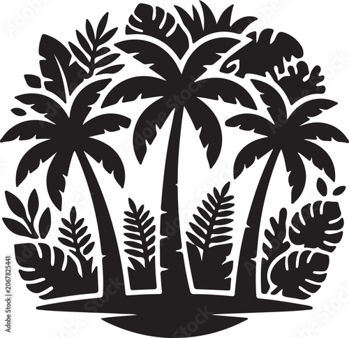 Tropical Jungle Palm Trees Silhouette Vector, Exotic Rainforest Nature Icon, Island Botanical Logo.