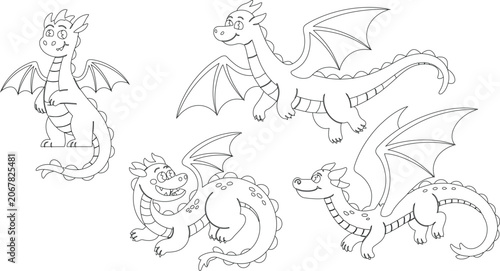 Four different friendly cartoon dragons with wings in various playful poses