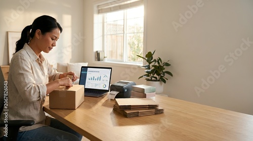 Woman entrepreneur carefully packaging an order for her online business at her home office desk