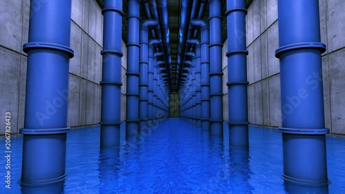 The blue crude oil pipeline in the lower chamber connects to the sea and the oil drilling station.