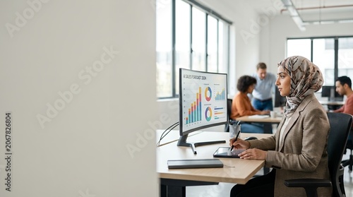 Muslim Businesswoman Analyzing Financial Data Charts on Computer in Modern Bright Open Office Workspace