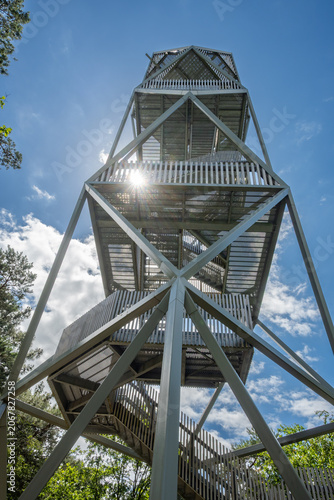 Low angle view of observation tower at Kalmthoutse Heide, Belgium