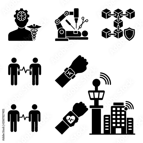 Set of black medical and technology featuring robotic surgery, blockchain security, smart health monitoring, and smart city connectivity
