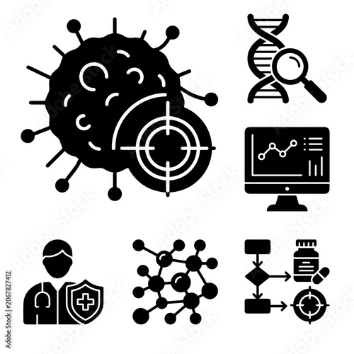 Set of black medical and scientific featuring virus, dna analysis, computer data charts, doctor with shield, and chemical molecules