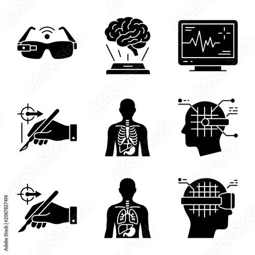 Set of black medical technology featuring virtual reality headsets, brain scans, surgical procedures, and human anatomy diagrams