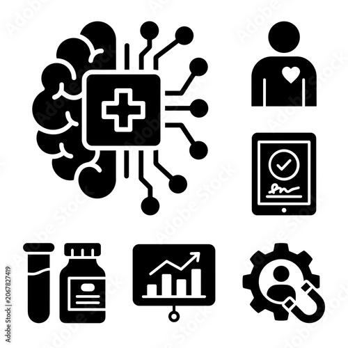 Set of black medical and business featuring brain connectivity, heart health, digital signatures, test tubes, data charts, and management