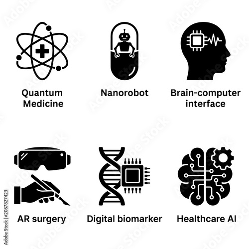 Set of black medical innovation featuring quantum medicine, nanorobots, brain computer interface, ar surgery, and healthcare artificial intelligence