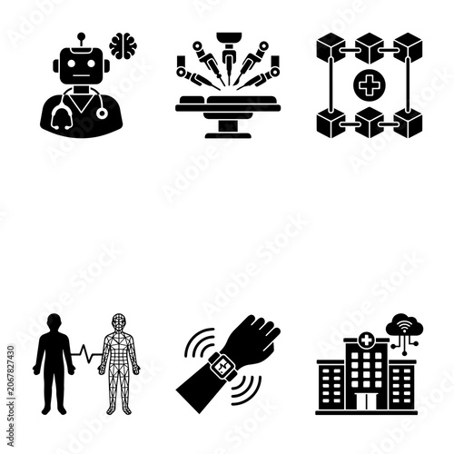 Set of black medical technology including robotic surgery, blockchain, health monitoring, smart hospital, and digital human anatomy models