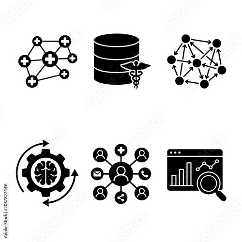 Set of black representing medical data management, network connectivity, brain processing, social health connections, and analytics dashboard
