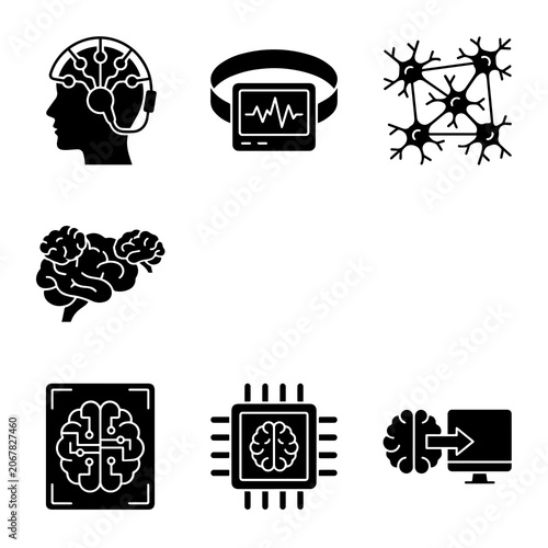 Set of eight black flat representing brain research, neural networks, artificial intelligence, and medical imaging technology systems