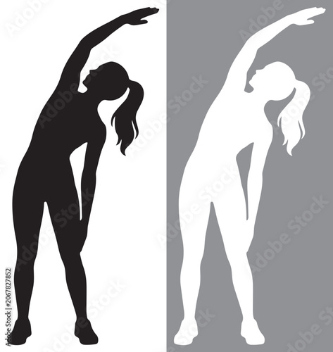 Athletic woman performing standing side bend stretching exercise for core flexibility silhouette in black and white variations, scalable EPS vector file