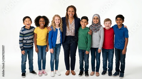 Diverse elementary school children and their smiling female teacher posing together on a white background