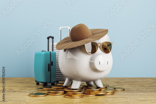 Travel savings concept with piggy bank in hat and sunglasses surrounded by coins and luggage on wooden surface with light blue background illustrating vacation budgeting. 3D Rendering