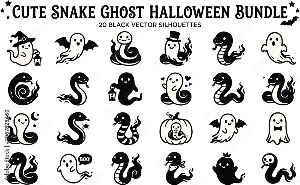 Fototapeta premium Snake And Ghost Silhouettes Black Vector Illustrations For Halloween Designs
