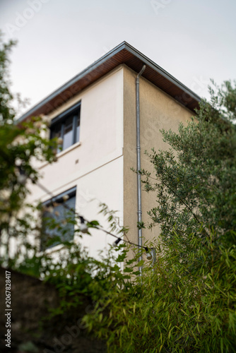 Close-up of Residential Building Corner with Green Foliage