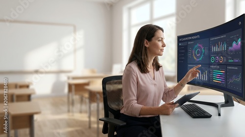 A woman meticulously analyzing complex data visualizations on a modern curved monitor in a classroom setting