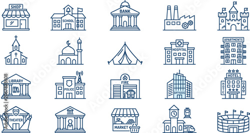 City Building Vector Icon Set Featuring Government, Commercial, and Public Infrastructure Line Art Symbols for Urban Planning Maps and Digital Design Projects
