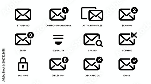 Collection Of Email Icons Representing Various Actions Black Line Art On White Background mail message envelope inbox outgoing