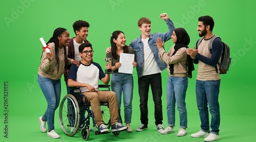 Diverse group of happy multiethnic university students celebrating graduation success and achievement against a green background
