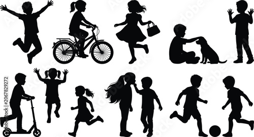 Cuadro en lienzo Silhouette set of children engaged in various activities including playing sport