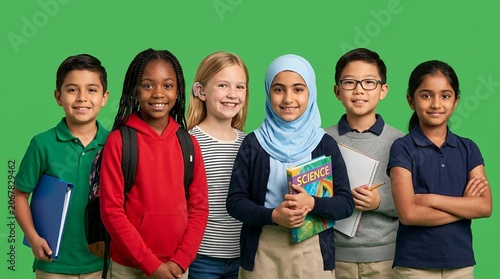 Happy and confident multiracial children standing together, holding books and ready for school, symbolizing inclusive education and childhood development